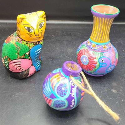 (3) Pieces Of Colorful Pottery-Cat Signed By Sena Olesen