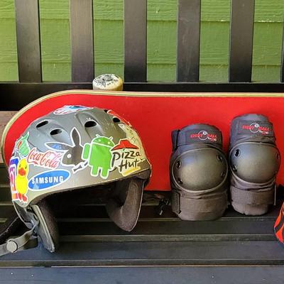 Skates, Skateboard, (2) Helmets, Elbow Pads
