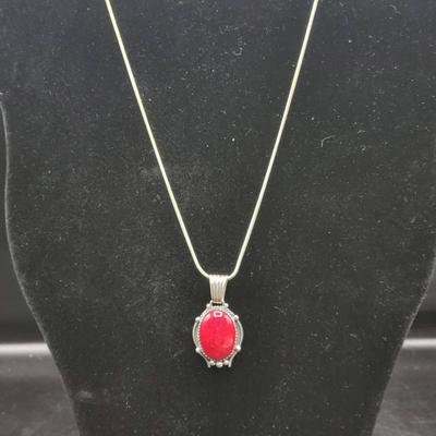30" Chain Marked 925 & Red Cabochan Pendant Marked Sterling 26.3g Total