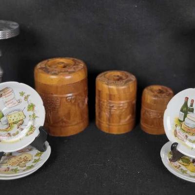 Set/3 Hand Carved Canisters (Philippines), Set/6 Limoges, France Rochard Cheese Plates, Etc