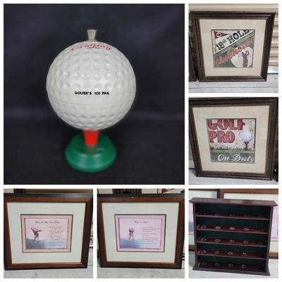 Assorted Golf Items: Pictures, Golf Ball Display, Ice Pail