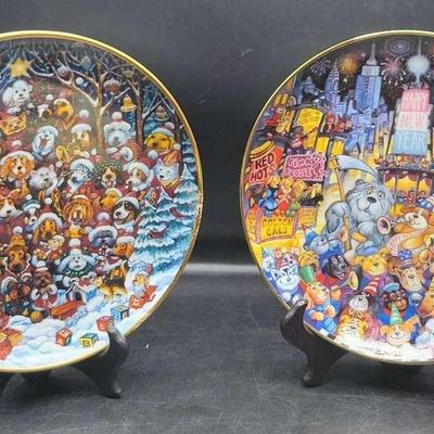 Set/2 Limited Edition Plates By Bill Bell-Santa Paws & Paws For Celebration