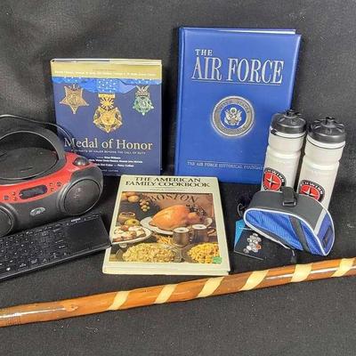 Handcrafted AirForce Walking Stick, Air Force History Book, CD Player, Etc