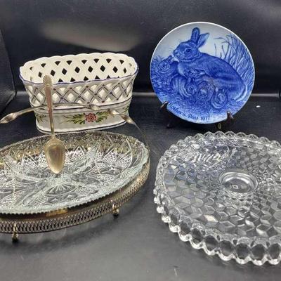 Fostoria American Cake Plate, Divided Glass Dish With Server, Handpainted Ceramic Basket, Etc