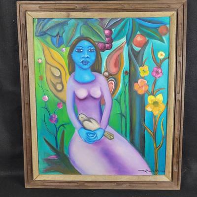 Original Haitian Painting By Fritzner Alphonse "Blue Lady"-Framed 24" X 28.5"