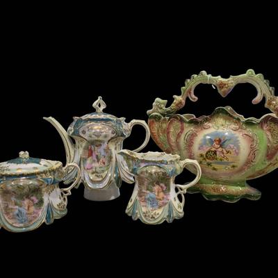 Antique Victoria Austria Creamer/ Sugar Bowl/Teapot Set w/Lids & Strasbourg Germany Fruit bowl