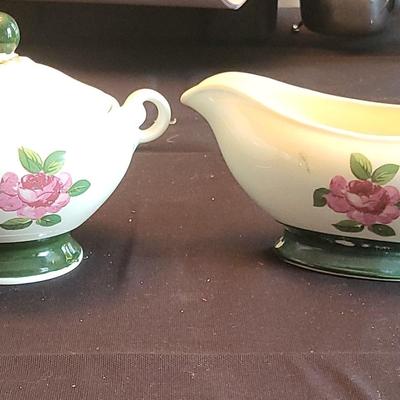 Vintage Taylor Smith Taylor Pink Rose and Green Band Sugar Bowl and Creamer Set