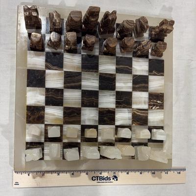 Brown & White Marble Handcarved Chess & Checkers Set