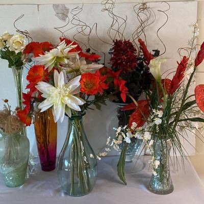 Large Glass Vases W/ Artificial Flowers