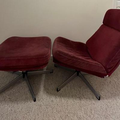 Burgundy Corduroy Swivel Chair With Ottoman