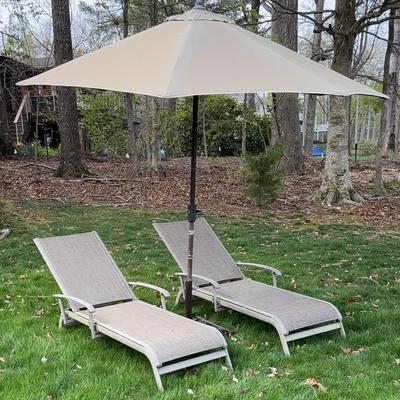 Metal & Mesh Chaise Longues (2) with Umbrella and Stand #1