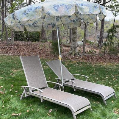 Metal & Mesh Chaise Longues with Umbrella and Stand #3