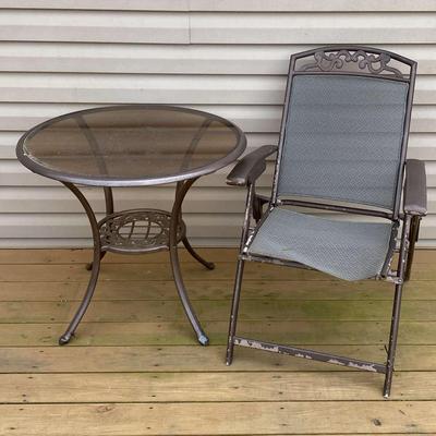 Glass & Metal Patio Table + Chair