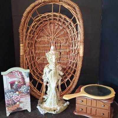 Surreal Jewelry Stand, Mirror, Two Wooden Jewelry Boxes & Basket