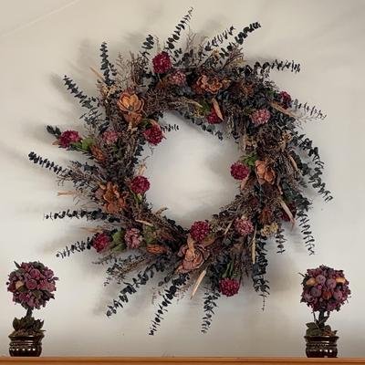 Dried Flower Wreath and 2 Topiary Trees