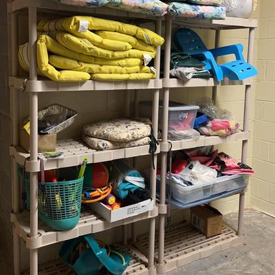 Plastic Storage Shelves (2) And Contents