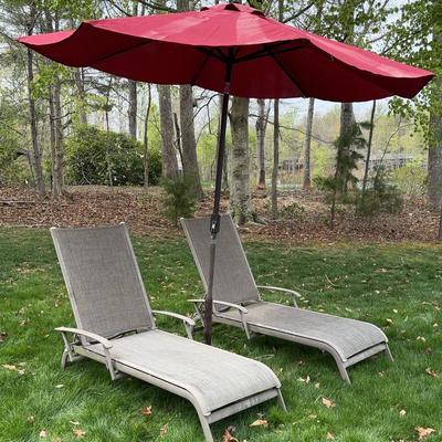 Metal & Mesh Chaise Longues (2) with Umbrella and Stand #2