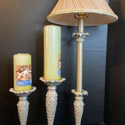 Silvertone Candlestick Table Lamp & Matching Candle Sticks (2) With Candles