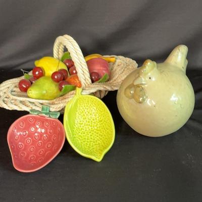 Basket of Fruit and Decorative Chicken