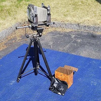 Calumet monorail view camera, Adjustable Stand, & Lens Plate 