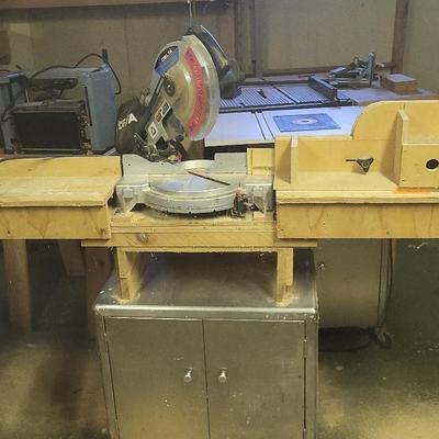 Delta 10" Compound Miter Saw, Table, And Cabinet With Contents 