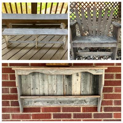 3 Rustic Wood Benches and Hanging Shelf 