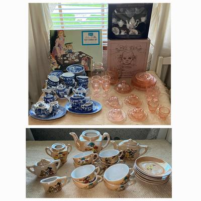 Children's Pink Depression Glass Play Set, Blue Willow Toy China, Lenox Young Lady's Tea Set, & More