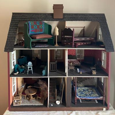 Large Red Wooden Dollhouse and 1930s Dollhouse Furniture 