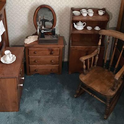 Children's Vintage Play Dresser, Washstand, Hutch, and Rocking Chair 