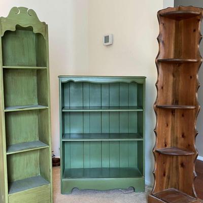 2 Green Wood Bookshelves and 1 Corner Bookshelf