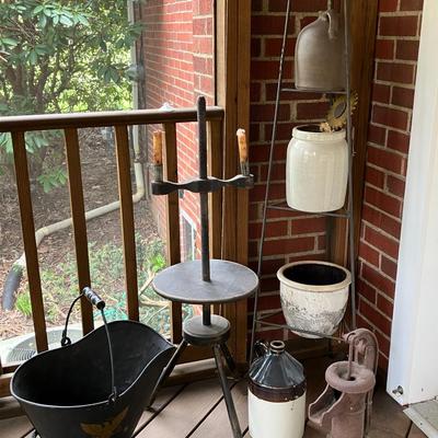 Antique Candlestick Stand, Hand Water Pump, Coal Bucket, and Crocks with 3 Tier Stand