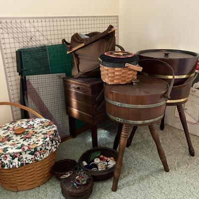 Sewing Baskets with Contents, Quilting Hoop with Stand (In Box), and Various Sewing Supplies