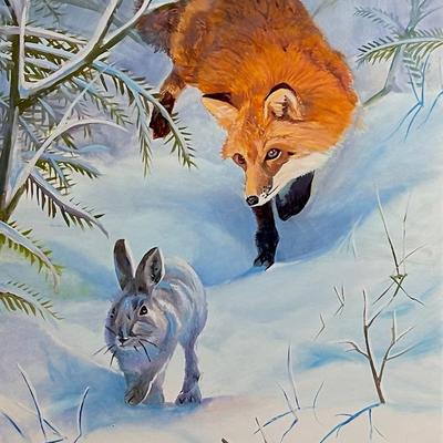 The Fox and the Hare 9" x 12" Oil on Panel, Reserve Price $285