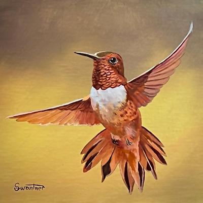 Rufous Hummingbird in Flight 8" x 8", Oil on Panel, $170 Reserve Price