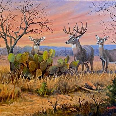 Sunset Whitetails 16" X 20" Oil on Panel, Reserve Price $800