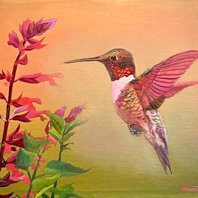 Ruby-Throated Hummingbird on Salvia 8" x 10", Oil on Panel, Reserve Price $120 