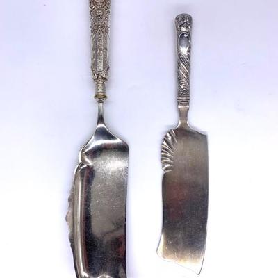 Antique silver plate crumber and ice cream slice w/ figural handles