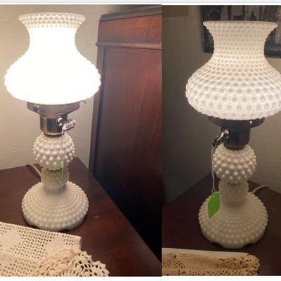 pair of vintage fenton milk glass hobnail table boudoir lamps