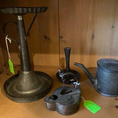 Antique Pewter Candlesticks, Antique Balance Beam Scale used for ewighing goods in a farm setting