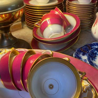 Antique set of fine china gold trim raspberry color no maker name (2)