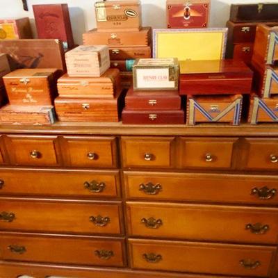 assortment of high quality cigar boxes and beautiful maple chest