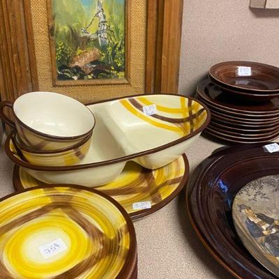 vintage pottery yellow and brown, brown ironstone