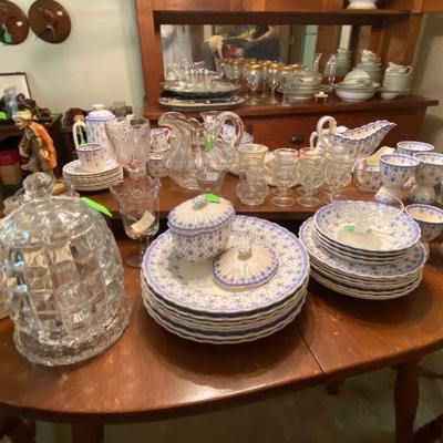 
Dining Room with China, Wine Glasses, Thumb print antique Glasses, Spooners and MORE