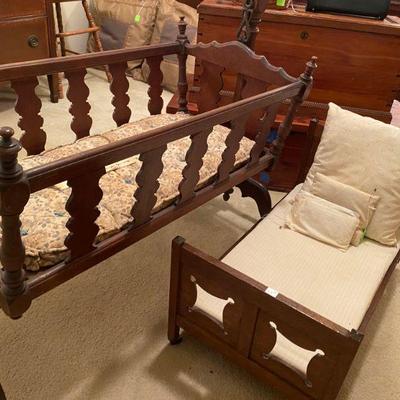 childs wooden swing crib and doll bed