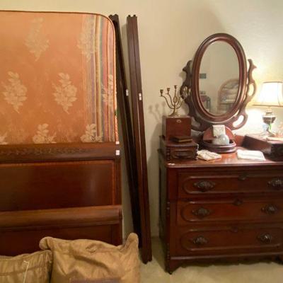 Pair of Mahogany Twin Beds and Antique Cherry Dresser with Mustache handles