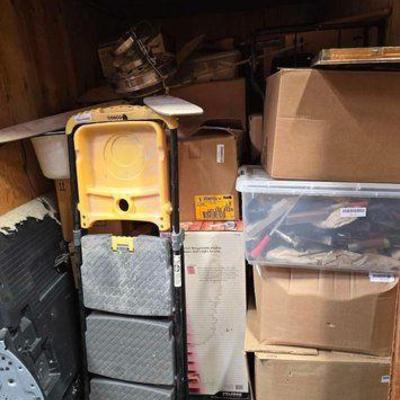 #10016 • Ceiling Fans, Step Ladder, TV, Tools, Heater, Boxes of Misc
