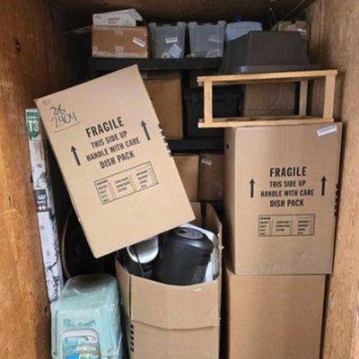 #10010 • Shelving Rack, Step Stools, Fans, Boxes of Misc

