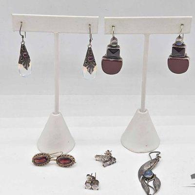 #924 • Sterling Silver Carnelian, Opal, Moonsine, Garnet and Semi-Precious Stone Earrings, 28.2g
