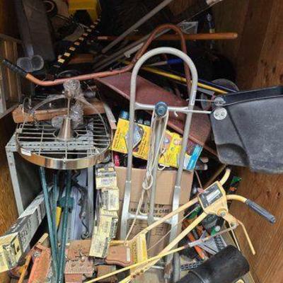 #10012 • Tools, Lawn Mower, Wheel Barrow, Shelf, Tile Saw, Ladder, and Misc Items
