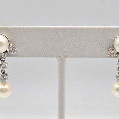 #742 • 14k White Gold, Pearl and Diamond Earrings, 5.5g
